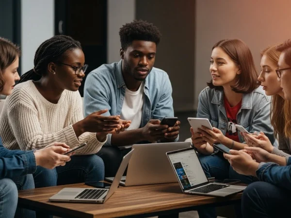 A diverse team of search engine optimisation specialists sitting around a table, brainstorming ideas with laptops open.