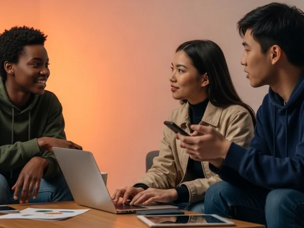 Three-person digital marketing team: an Asian man in black, an Asian woman in a cream jacket, and a Black woman in a green hoodie.