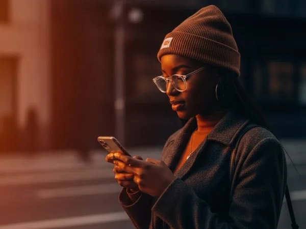 A young African woman walking along a city street, focused on her phone while scrolling through social media.